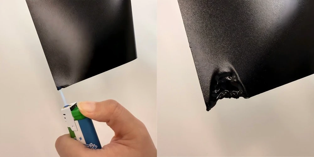 Flame-Retardant PC Film High-Temperature Resistance Test Real photo comparison of flame-retardant PC film high-temperature resistance test