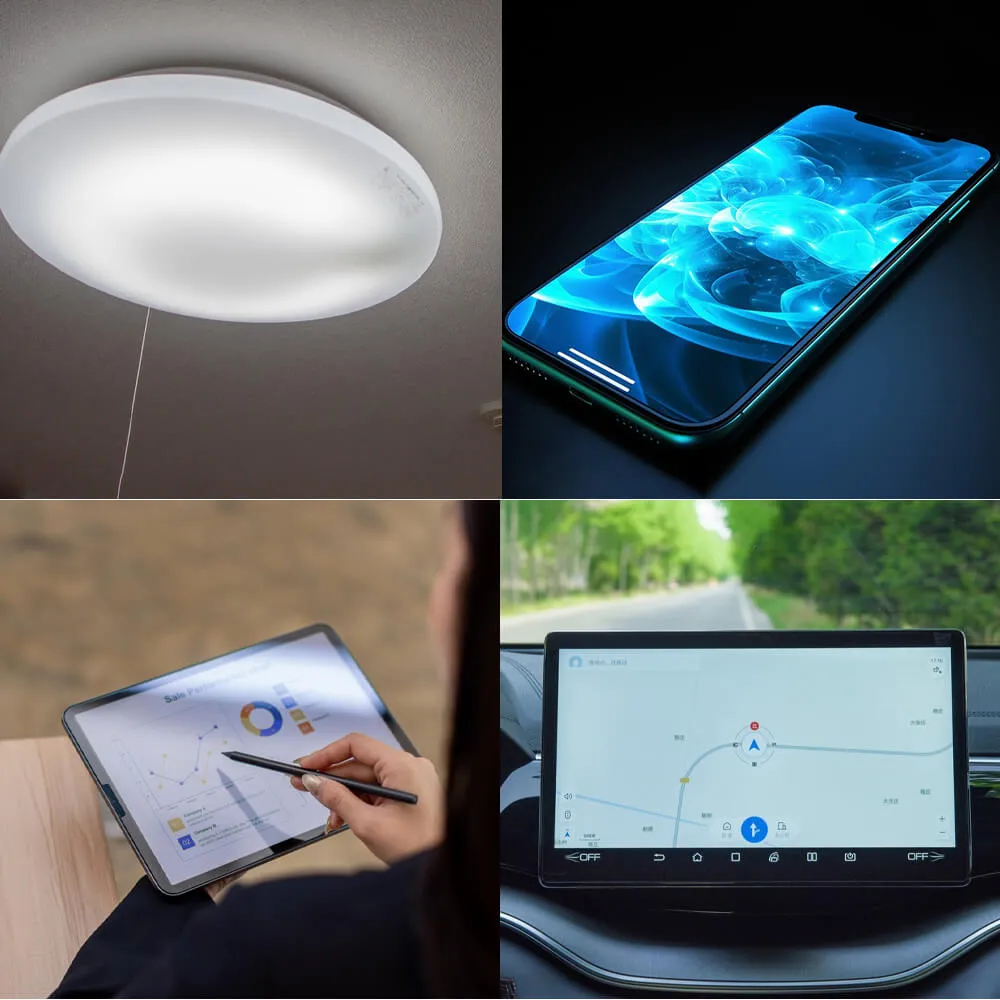 Diffusion Film Application Examples Diffusion film applications in lighting, mobile devices, tablets and automotive displays