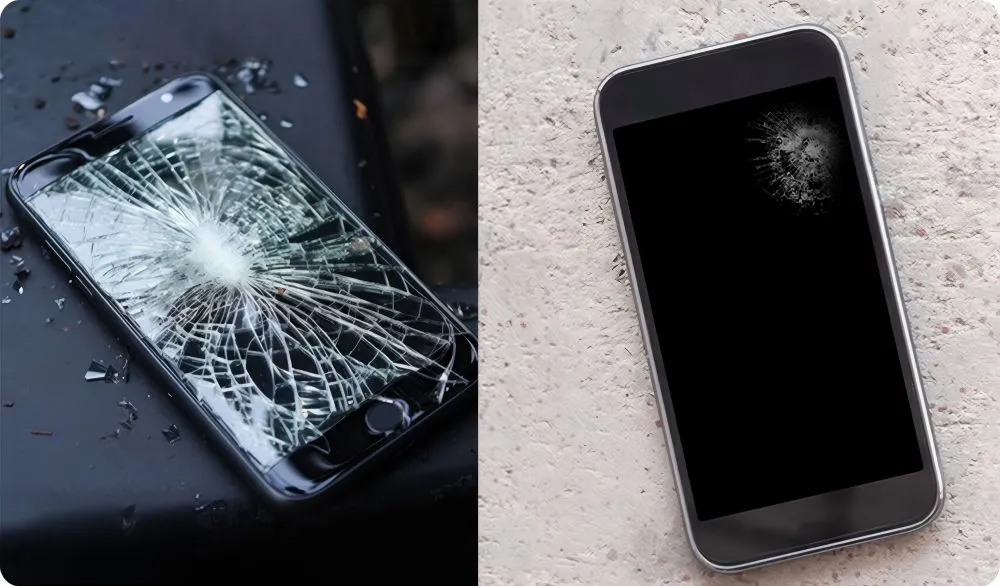 Broken smartphone screen protected by Kaixin explosion-proof film for electronic device glass safety