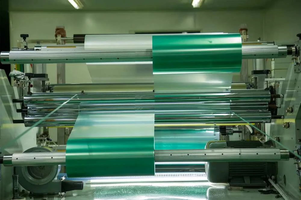 PC film slitting and protective film lamination process on production equipment