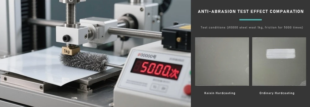 Hard Coating Abrasion Resistance Test Hard coating abrasion resistance test with #0000 steel wool under 1 kg load for 5000 cycles
