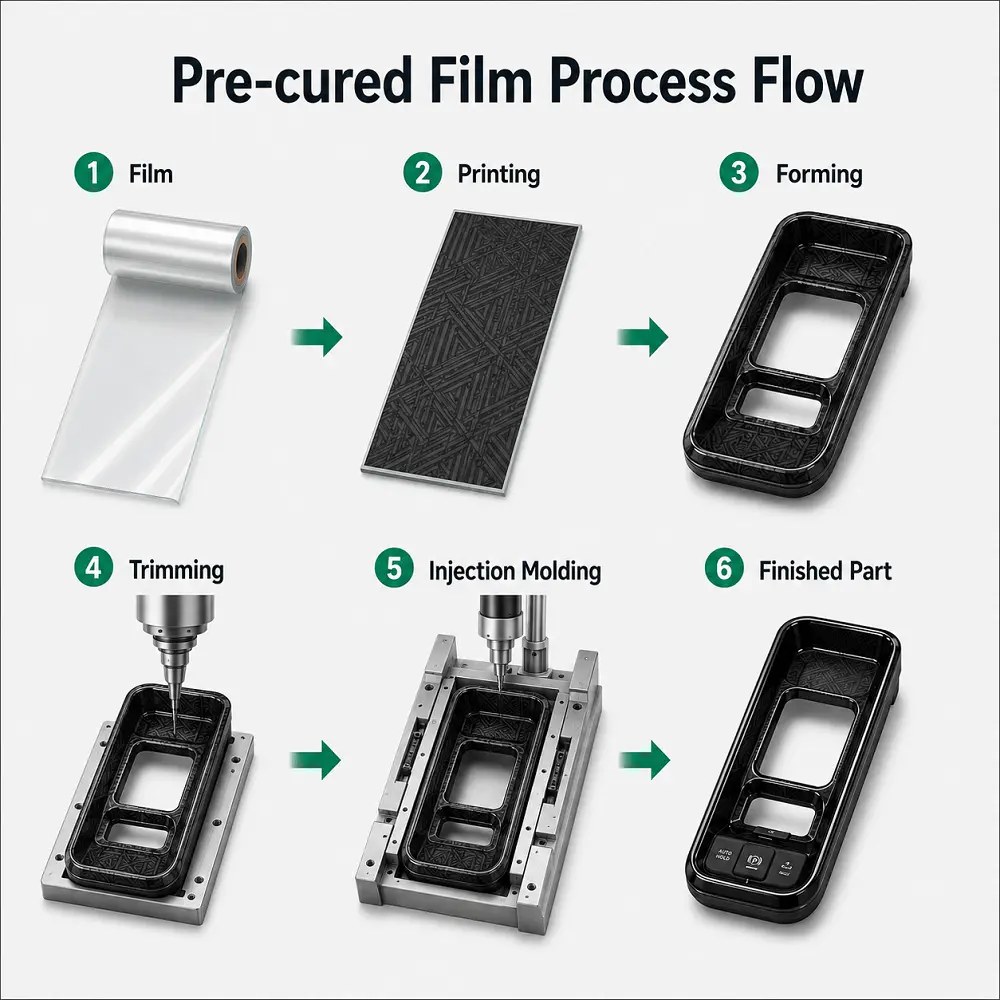 Pre-cured Film Process Flow Pre-cured film process from printing and forming to injection molding