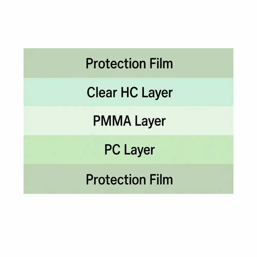 Pre-cured Film Structure Pre-cured film structure with hard coat, PMMA and PC layers